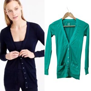 J. Crew Perfect Fit Green Long Teal Cardigan Sweater XXS Button Down Career